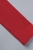 Röda Casual Solid Patchwork Genomskinliga Slit O Neck Långärmade Klänningar