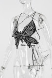 Schwarzer sexy Patchwork-Heißbohrverband rückenfreie Schmetterlings-Halter-Oberteile