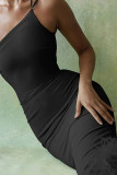 ブラック セクシー ソリッド パッチワーク フェザー 非対称 斜め襟 ペンシル スカート ドレス