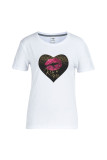 T-shirt con scollo a O con stampa patchwork nera con labbra casual da strada