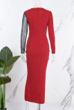 Rode casual effen patchwork doorzichtige split O-hals jurken met lange mouwen
