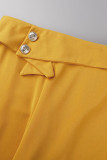 Amarillo elegante estampado patchwork cinta cuello manga corta dos piezas