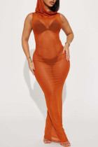 Tangerine Sexy Solid Patchwork See-through Swimwear Cover Up