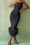 Negro sexy sólido patchwork plumas asimétrico cuello oblicuo lápiz falda vestidos
