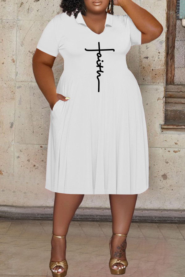 ホワイト カジュアル プリント パッチワーク V ネック ショート スリーブ ドレス プラス サイズ ドレス