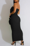 ローズレッドのセクシーなソリッドバンデージパッチワークストラップレスペンシルスカートドレス
