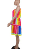 カラー セクシー プリント パッチワーク スパゲッティ ストラップ ストレート ドレス