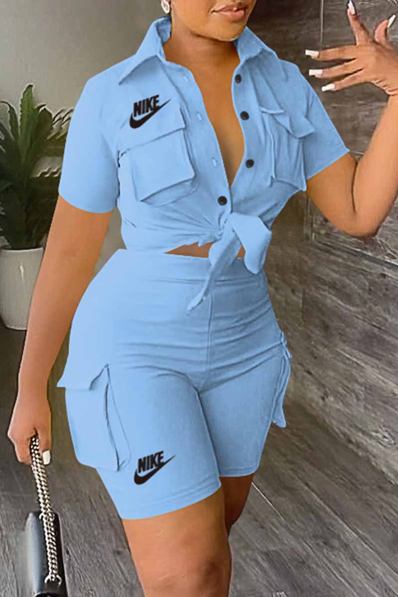 

Sky Blue Casual Print Letter Turndown Collar Short Sleeve Two Pieces