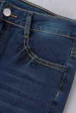 Jeans in denim con taglio a stivale a vita media in patchwork tinta unita casual azzurri
