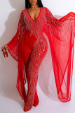 Red Sexy Solid Patchwork See-through Hot Drill V Neck Regular Jumpsuits