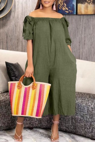 Army Green Casual Solid Backless Off the Shoulder Vanliga Jumpsuits