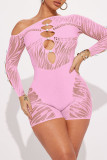 Pink Sexy Solid Hollowed Out Patchwork See-through Pearl Oblique Collar Skinny Rompers