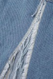 Blue Casual Solid Patchwork Asymmetrical High Waist Regular Wash Split Thigh Tassel Denim Skirts