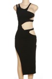 Black Sexy Solid Hollowed Out Slit V Neck Irregular Dress Dresses