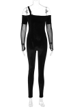 Zwarte sexy patchwork doorzichtige mesh skinny jumpsuits met één schouder