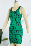 Зеленое сексуальное повседневное платье с принтом, базовое платье с U-образным вырезом, платья