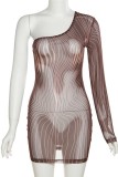 Brown Sexy Striped See-through Backless One Shoulder Sleeveless Dress Dresses
