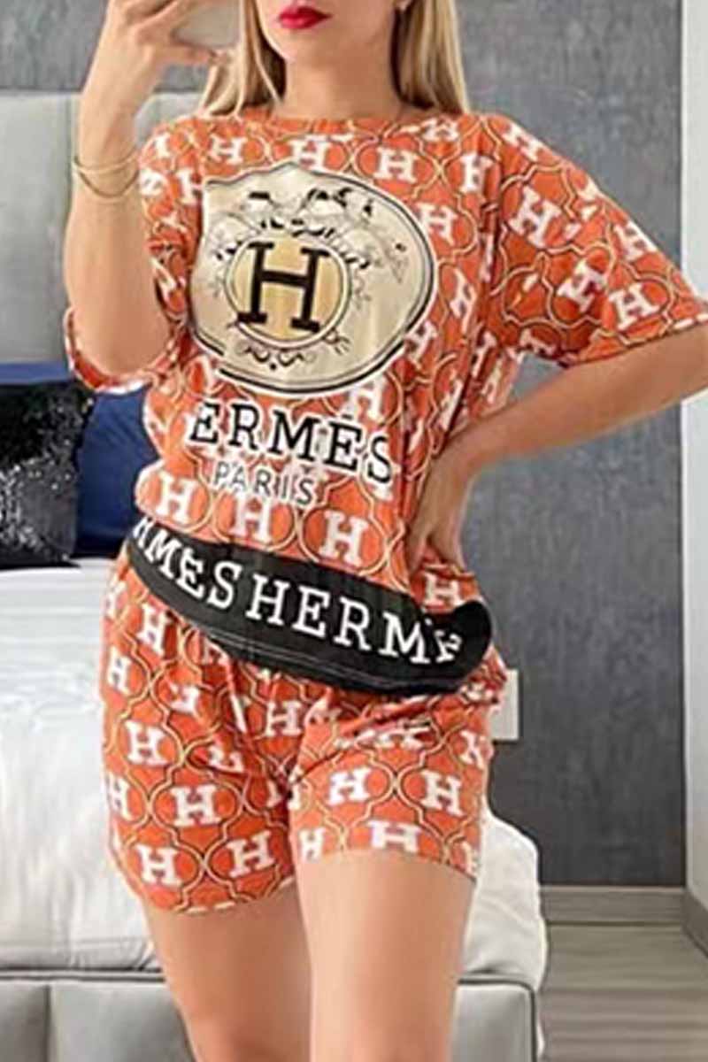 

Orange Casual Print Letter O Neck Short Sleeve Two Pieces