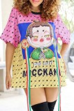 Pink Casual Print Basic O Neck Short Sleeve Dress