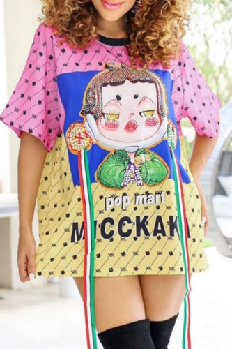 Pink Casual Print Basic O Neck Short Sleeve Dress