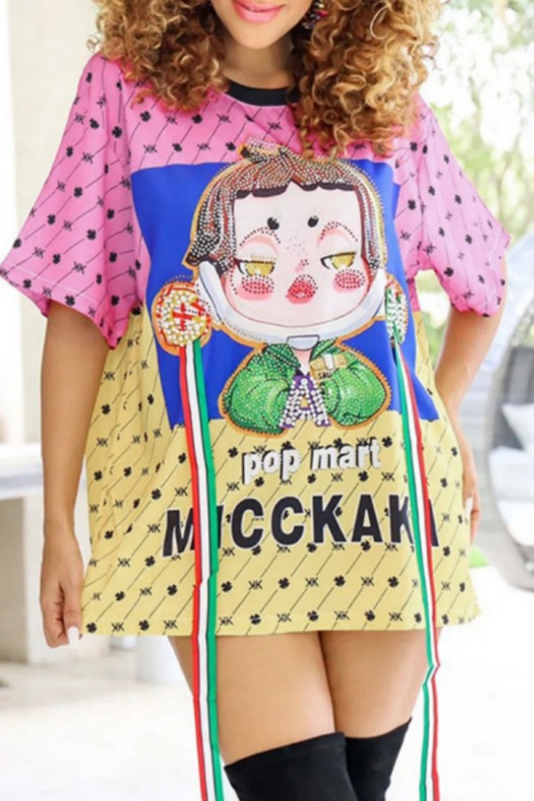 Pink Casual Print Basic O Neck Short Sleeve Dress