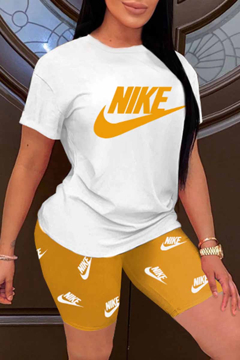 

Yellow Casual Print Letter O Neck Short Sleeve Two Pieces