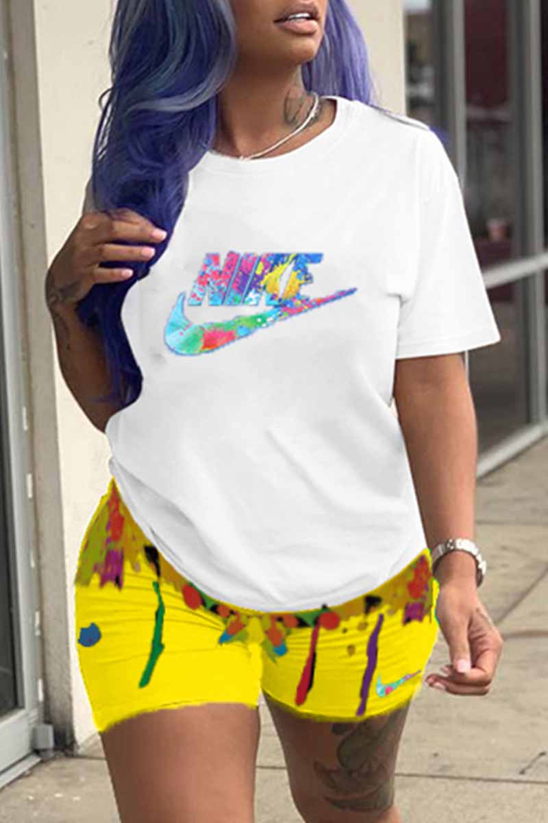 

Yellow Casual Print Letter O Neck Short Sleeve Two Pieces
