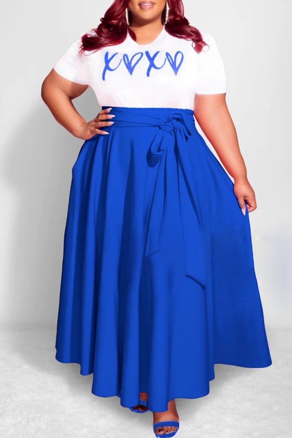 Blauwe casual print patchwork O-hals jurk met korte mouwen Grote maten jurken