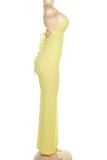 Robe longue jaune sexy à bretelles croisées et dos nu