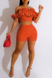 Tangerine Red Sexy Solid Patchwork Fold Off the Shoulder Manga corta Dos piezas