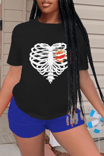 Blue Black Casual Print Patchwork O Neck Short Sleeve Two Pieces