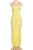 Желтые сексуальные однотонные платья с открытой спиной и перекрестными ремешками, длинное платье, платья