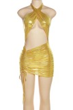 Желтое сексуальное однотонное платье без рукавов с открытой спиной и складками без рукавов