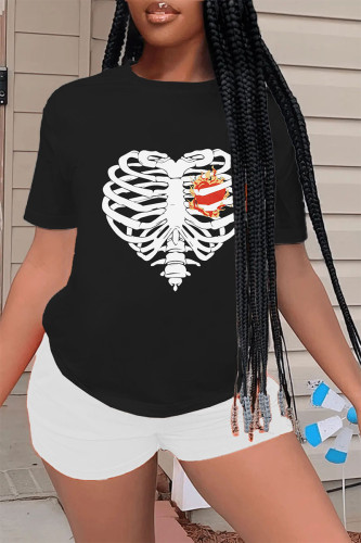 Black And White Casual Print Patchwork O Neck Short Sleeve Two Pieces