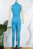 Blu Abbigliamento sportivo casual Patchwork solido Colletto con cerniera senza maniche Due pezzi