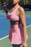 Roze casual sportkleding print uitgehold patchwork vouw U-hals twee stukken