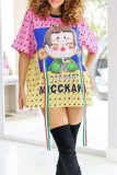 Pink Casual Print Basic O Neck Short Sleeve Dress
