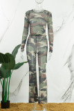 Camouflage Sexy Street Print Camouflage Print Patchwork See-through O Neck Long Sleeve Two Pieces