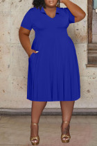 ブルー カジュアル ソリッド ベーシック Vネック 半袖ドレス プラスサイズドレス