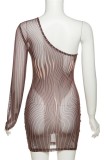 Brown Sexy Striped See-through Backless One Shoulder Sleeveless Dress Dresses