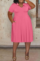 Розово-красное повседневное однотонное базовое платье с коротким рукавом и V-образным вырезом Платья больших размеров
