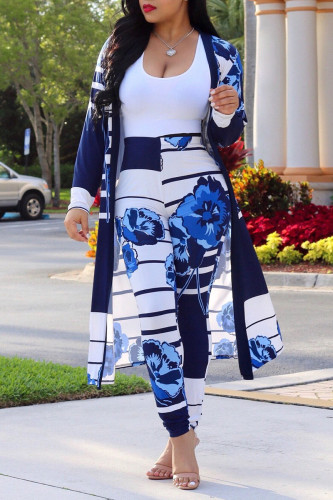 Blue Casual Print Patchwork Cardigan Collar Long Sleeve Two Pieces