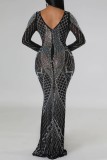 Черное сексуальное вечернее платье в стиле пэчворк, горячее сверление, прозрачное длинное платье с круглым вырезом, платья