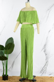 Fluorescent Green Casual Solid Patchwork Off the Shoulder Two Pieces