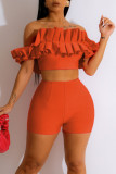 Rose Red Sexy Solid Patchwork Fold Off the Shoulder Short Sleeve Two Pieces