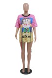 Pink Casual Print Basic O Neck Short Sleeve Dress