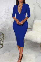 ブルー セクシー ソリッド パッチワーク ドローストリング バックレス ジッパー カラー ペンシル スカート ドレス