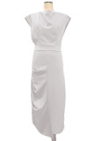 ホワイト エレガント ソリッド パッチワーク 非対称 O ネック イブニングドレス ドレス