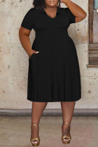 Schwarzes, lässiges, solides Basic-Kleid mit V-Ausschnitt und kurzen Ärmeln Kleider in Übergröße