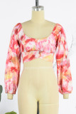 Rose Red Sexy Casual Print Basic U Neck Tops